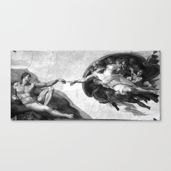 Black and White Creation of Adam Painting by Michelangelo Sistine Chapel Canvas Print