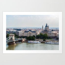 Aerial view of Chain Bridge and St. Stephen's Basilica - Budapest Art Print | Panoramic, Science, Academy, Budapest, Lion, St, Stephens, Photo, Statue, View 