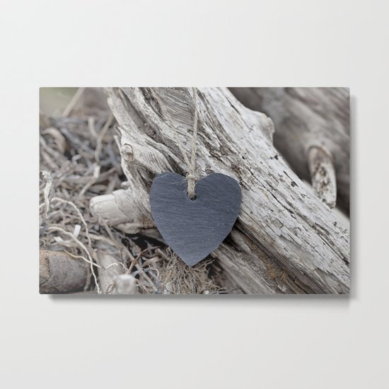 Beach Love Slate Heart on sea washed driftwood Metal Print