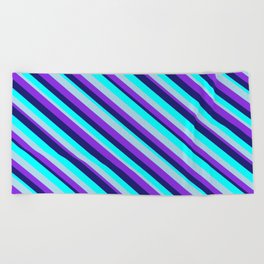 [ Thumbnail: Midnight Blue, Aqua, Light Blue, and Purple Colored Lined/Striped Pattern Beach Towel ]