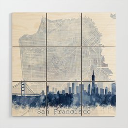 San Francisco Skyline & Map Watercolor Navy Blue, Print by Zouzounio Art Wood Wall Art