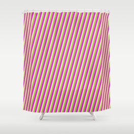 [ Thumbnail: Fuchsia, Pale Goldenrod & Green Colored Pattern of Stripes Shower Curtain ]