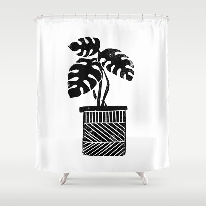 Linocut Cheese Plant Monstera Tropical Leaf Lino Print Black And Linocut Cheese Plant Monstera Tropical Leaf Lino Print Black And White Ilration Art Home Dorm Shower Curtain