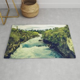 Spectacular Rushing River Rapids Through Tree-Covered Mountains Rug