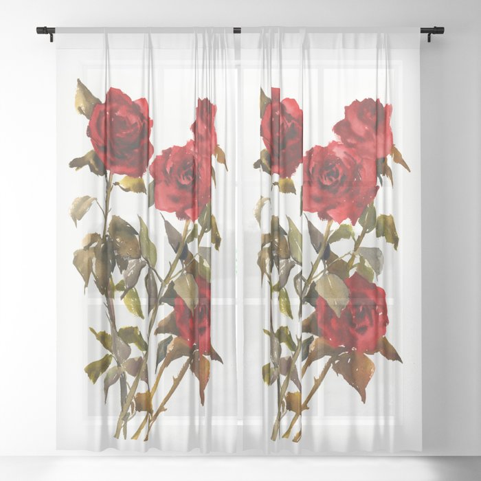 Burgundy Red Roses, deep red floral olive green dark red design roses from garden Sheer Curtain