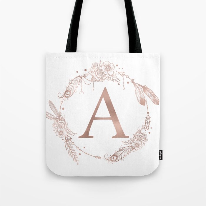 Letter A Rose Gold Pink Initial Monogram Tote Bag by Nature Magick
