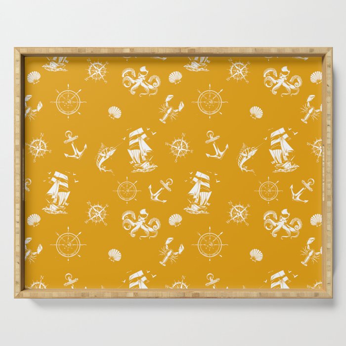 Mustard And White Silhouettes Of Vintage Nautical Pattern Serving Tray