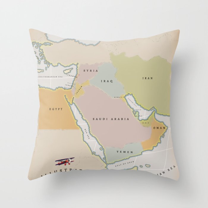 Illustrated map of the Middle East Throw Pillow