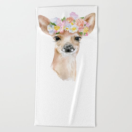 Deer Fawn Floral Watercolor Beach Towel