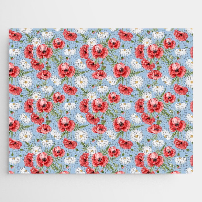 Daisy and Poppy Seamless Pattern on Pale Blue Background Jigsaw Puzzle