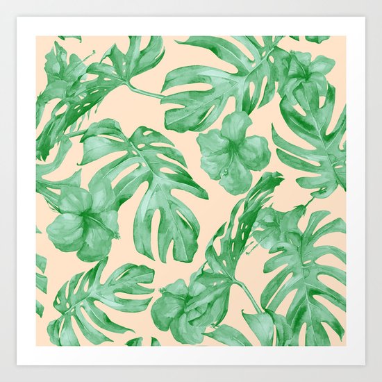 Tropical Coral Green Leaves Flower Pattern Art Print