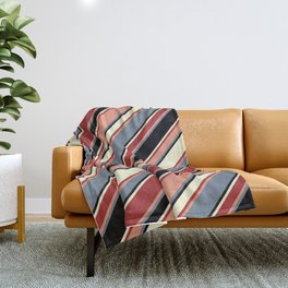 [ Thumbnail: Vibrant Dark Salmon, Slate Gray, Black, Light Yellow, and Brown Colored Lines/Stripes Pattern Throw Blanket ]