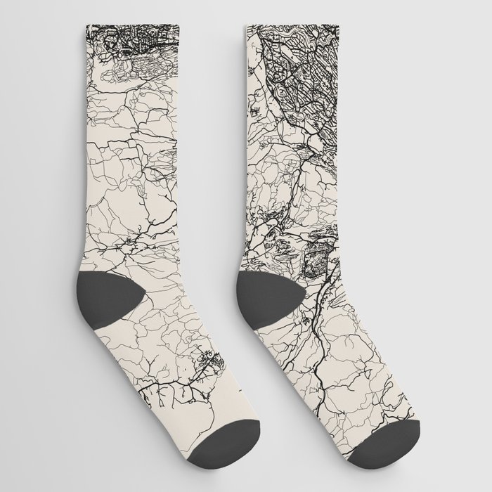 Oslo, Norway - City Map. Black and White Aesthetic Socks