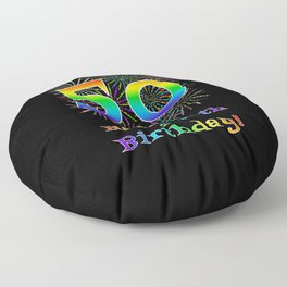 [ Thumbnail: 50th Birthday - Fun Rainbow Spectrum Gradient Pattern Text, Bursting Fireworks Inspired Background Floor Pillow ]