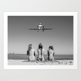 Steady as she goes No. 15 female girl friends on tropical beach with airplane flyover black and white friendship portrait photograph - photography - photographs Art Print