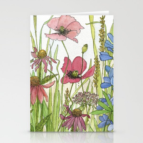 Red Poppy Wildflowers Watercolor Ink  Stationery Cards