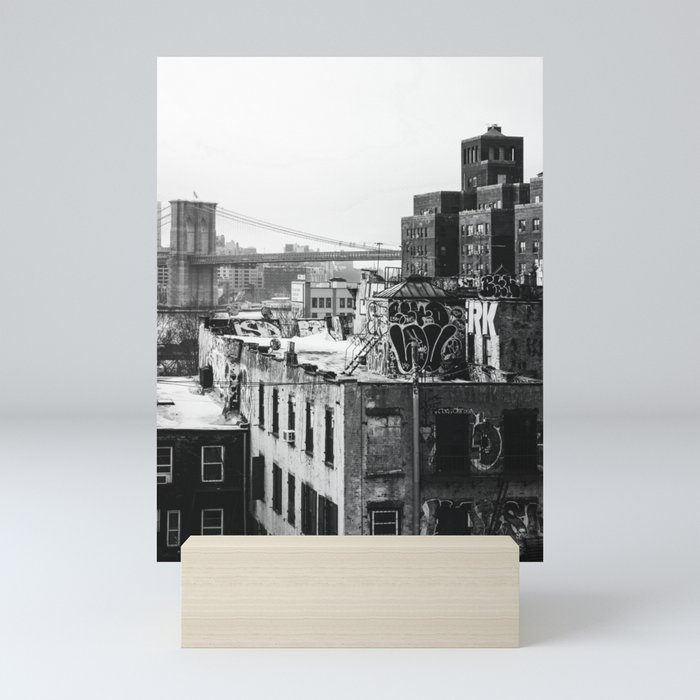 New York City | Brooklyn Bridge View | Black and White Photography Mini Art Print