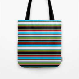 [ Thumbnail: Eyecatching Deep Sky Blue, Green, Dark Red, Lavender, and Black Colored Lines/Stripes Pattern Tote Bag ]