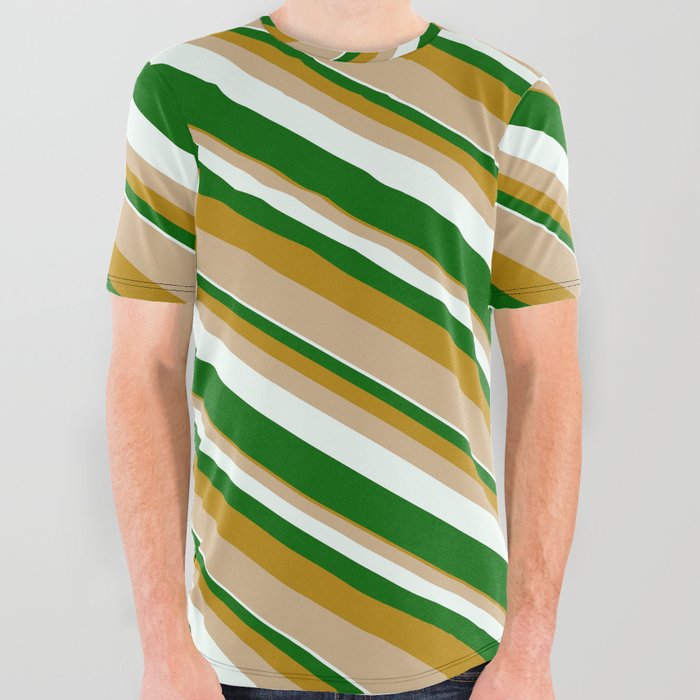 Dark Goldenrod, Tan, Mint Cream & Dark Green Colored Lined/Striped Pattern All Over Graphic Tee
