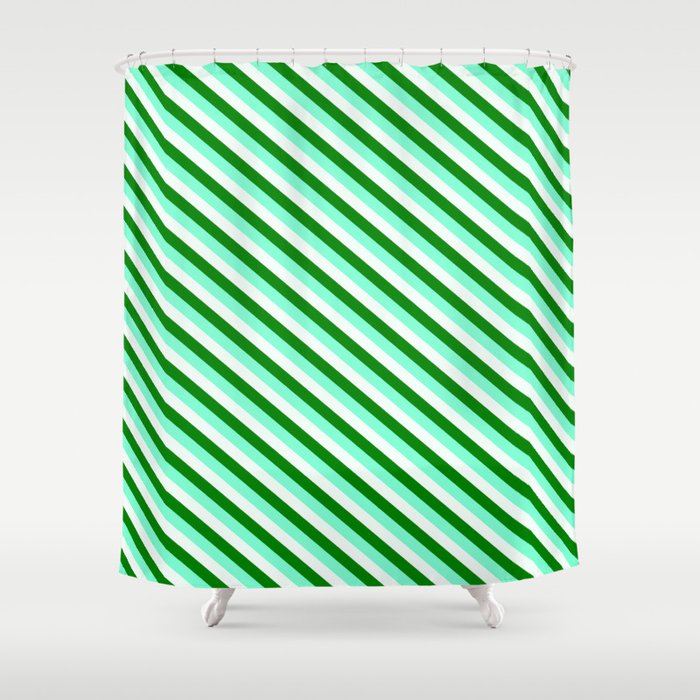 Aquamarine, Mint Cream & Green Colored Stripes/Lines Pattern Shower Curtain
