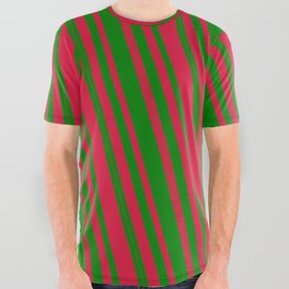 [ Thumbnail: Green and Crimson Colored Lined/Striped Pattern All Over Graphic Tee ]