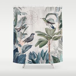 Tropical Birds Paradise Vintage Botanical Illustration Shower Curtain