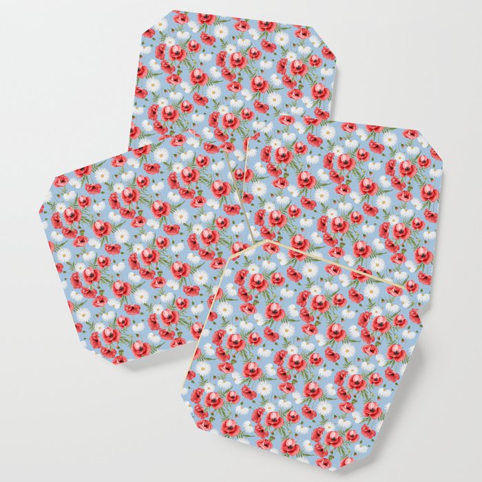 Daisy and Poppy Seamless Pattern on Pale Blue Background Coaster