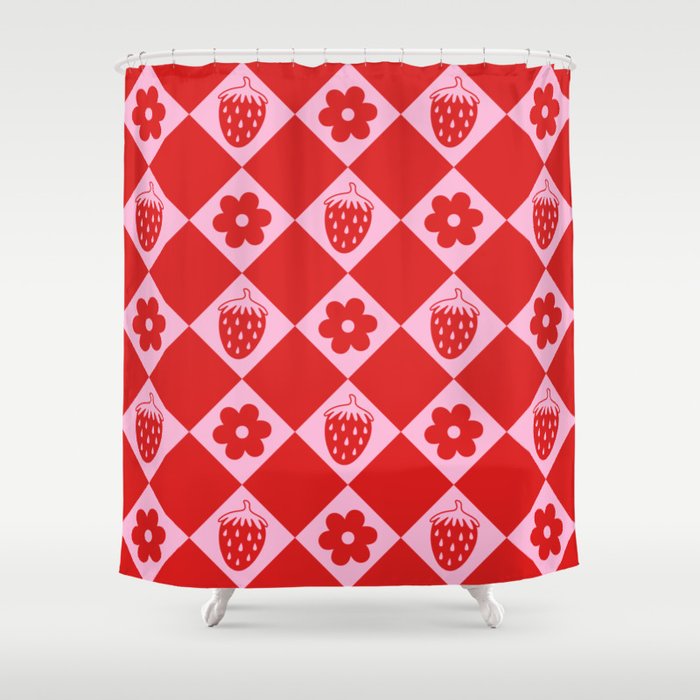 Flowers And Strawberry Pink & Red Checker Shower Curtain