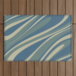 Fluid Vibes Retro Aesthetic Swirl Abstract Pattern in Vintage Blue and Beige Outdoor Rug