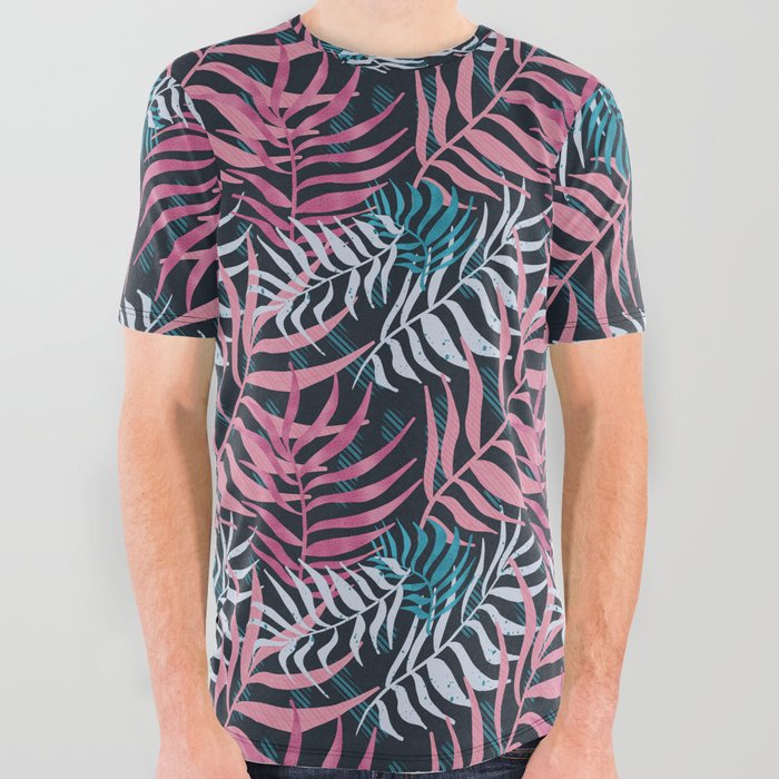 Tropical summer textured abstract vibrant pink leaf pattern design All Over Graphic Tee