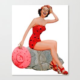 Sexy Brunette Pinup Girl in Red Skirt On The Rock Canvas Print