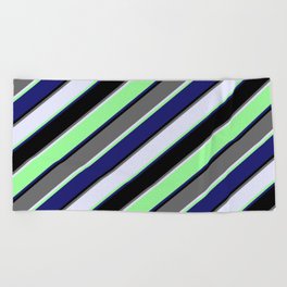 [ Thumbnail: Colorful Dim Gray, Lavender, Green, Midnight Blue & Black Colored Striped/Lined Pattern Beach Towel ]