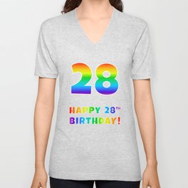[ Thumbnail: HAPPY 28TH BIRTHDAY - Multicolored Rainbow Spectrum Gradient V Neck T Shirt V-Neck T-Shirt ]