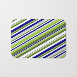 [ Thumbnail: Vibrant Green, Dark Olive Green, White, Dark Blue & Light Grey Colored Lines/Stripes Pattern Bath Mat ]