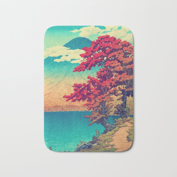 The New Year in Hisseii - Autumn Tree & Mountain by the Ocean Ukiyoe Nature Landscape in Red & Blue Bath Mat