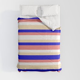 [ Thumbnail: Blue, Light Coral, White & Tan Colored Lined/Striped Pattern Comforter ]