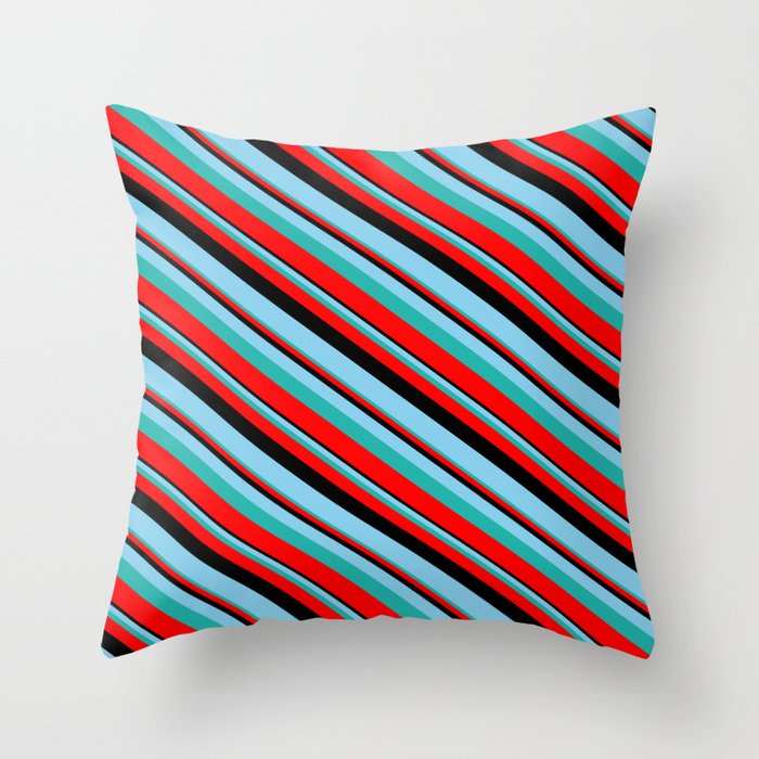 Black, Sky Blue, Light Sea Green & Red Colored Lines/Stripes Pattern Throw Pillow