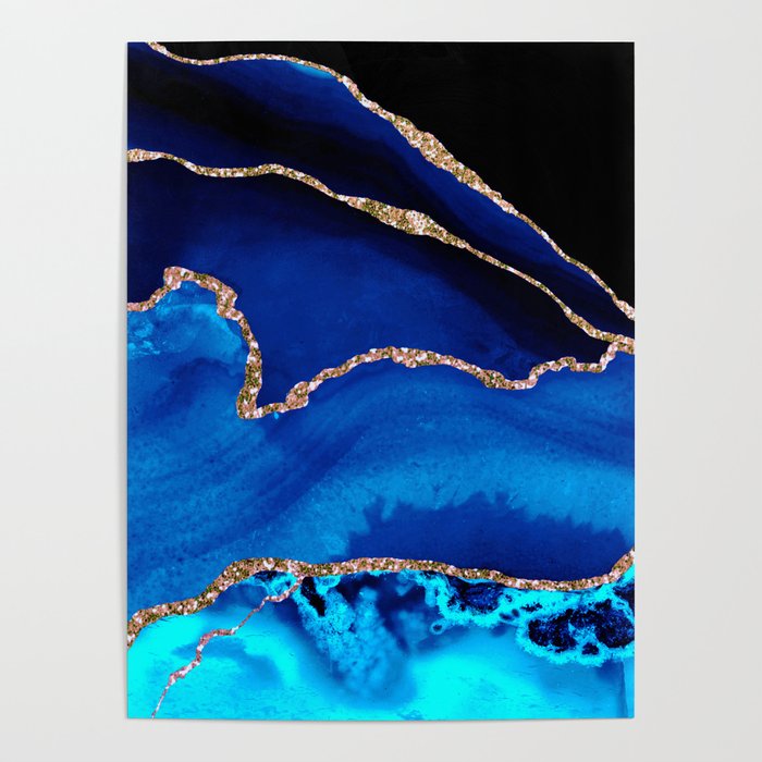 Teal, Aqua & Royal Blue Marble With Gold Sparkle Veins Poster