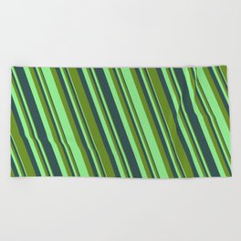 [ Thumbnail: Dark Slate Gray, Green & Light Green Colored Lined/Striped Pattern Beach Towel ]