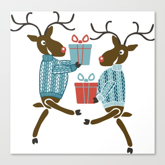 Funny christmas reindeer in sweaters with gifts Canvas Print
