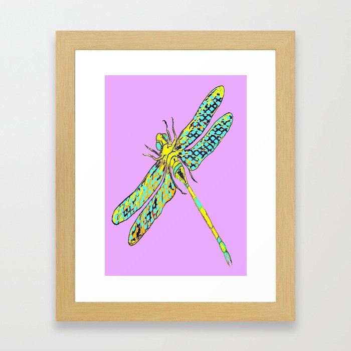 Yellow & Aqua Fantasy Dragonfly in Ambient Lilac-Pink  Framed Art Print