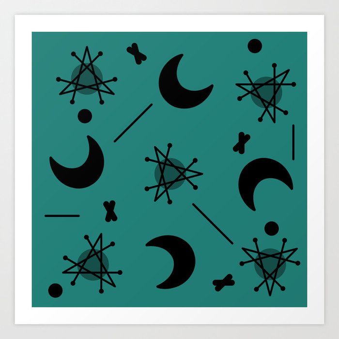 Moons & Stars Atomic Era Abstract Teal Art Print