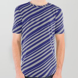 [ Thumbnail: Dark Grey & Midnight Blue Colored Lined/Striped Pattern All Over Graphic Tee ]