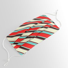 [ Thumbnail: Red, Turquoise, Light Yellow & Black Colored Lined/Striped Pattern Face Mask ]