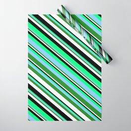 [ Thumbnail: Eyecatching Green, Light Sky Blue, Forest Green, White, and Black Colored Lines Pattern Wrapping Paper ]