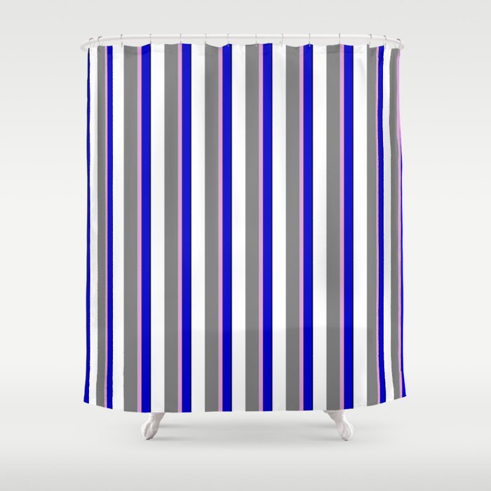 Eyecatching Blue, Plum, Grey, White, and Black Colored Lines Pattern Shower Curtain