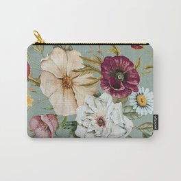 Colorful Wildflower Bouquet on Blue Carry-All Pouch | Dustyblue, Watercolor, Gorgeous, Antique, Purple, Botanical, Wild, Turquoise, Vintage, Poppy 