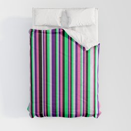[ Thumbnail: Eye-catching Green, Lavender, Indigo, Hot Pink & Black Colored Lines/Stripes Pattern Comforter ]