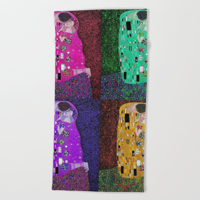 The kiss four-color collage; erotic love and the eternal cosmos romantic portrait painting alternate pink and purple by Gustav Klimt Beach Towel