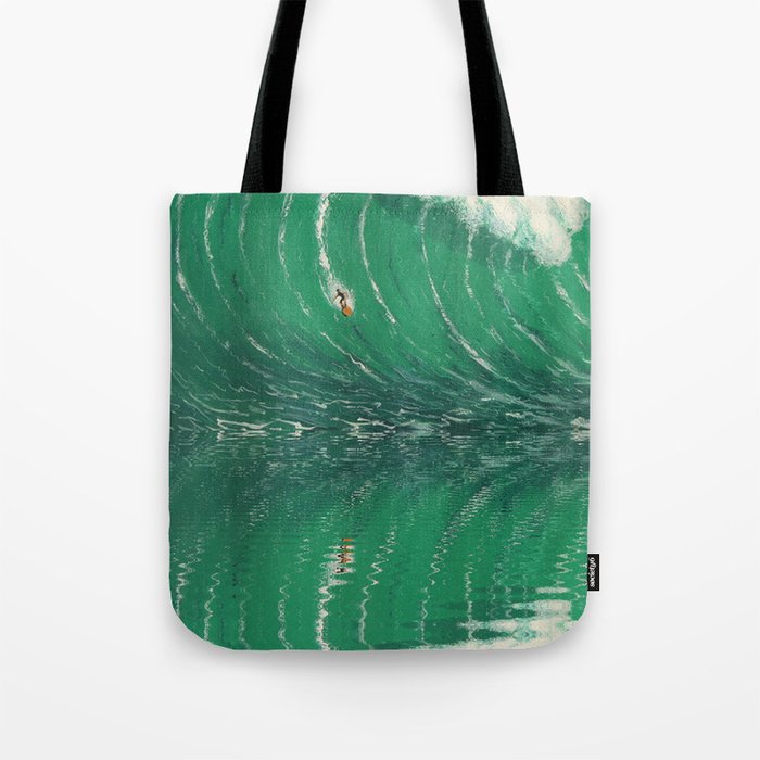 Extreme surfing pipeline wave with mirrored reflection, nazara, california, gulf of mexico, florida keys, hawaii surf landscape painting in emerald green Tote Bag